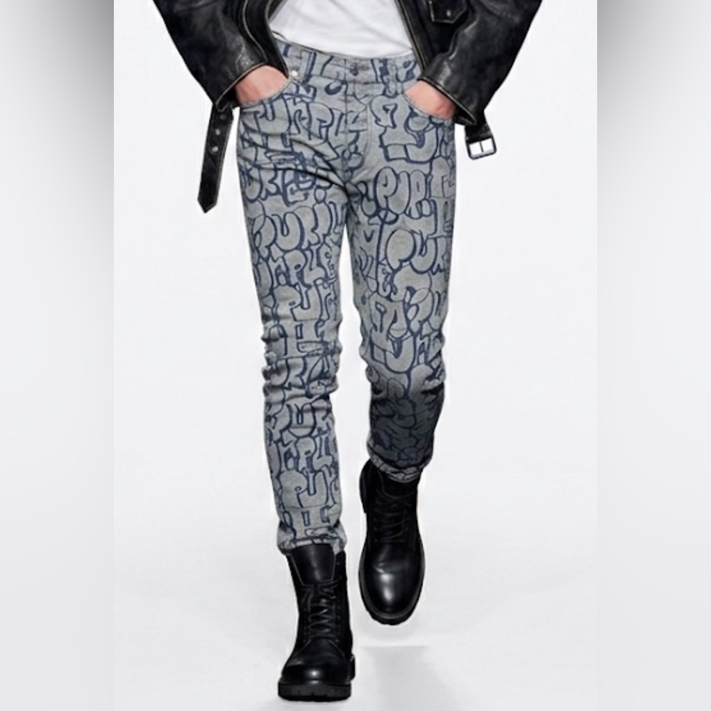Purple Brand P001 Slim Fit All Over Logo Jacquard Blue Denim Jeans Mens